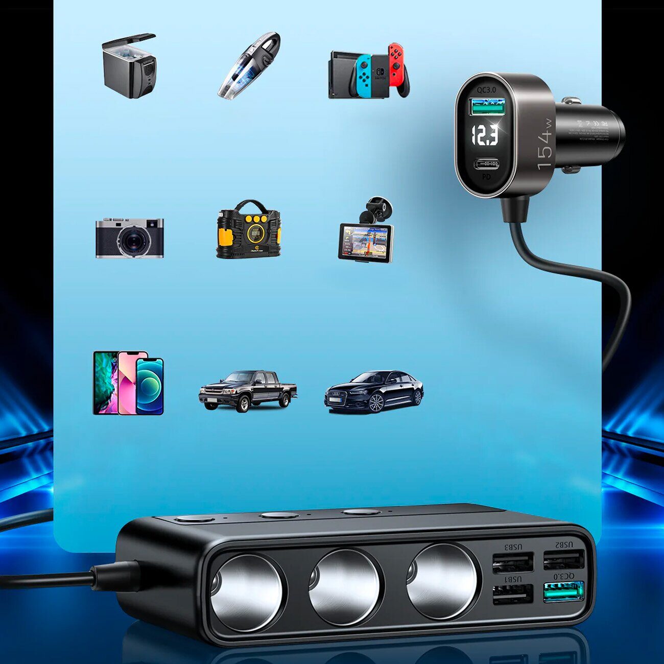 Joyroom JR-CL06 9in1 car charger 154W 5x USB-A / USB-C / 3x cigarette lighter socket PD QC PPS - black - imagine 3