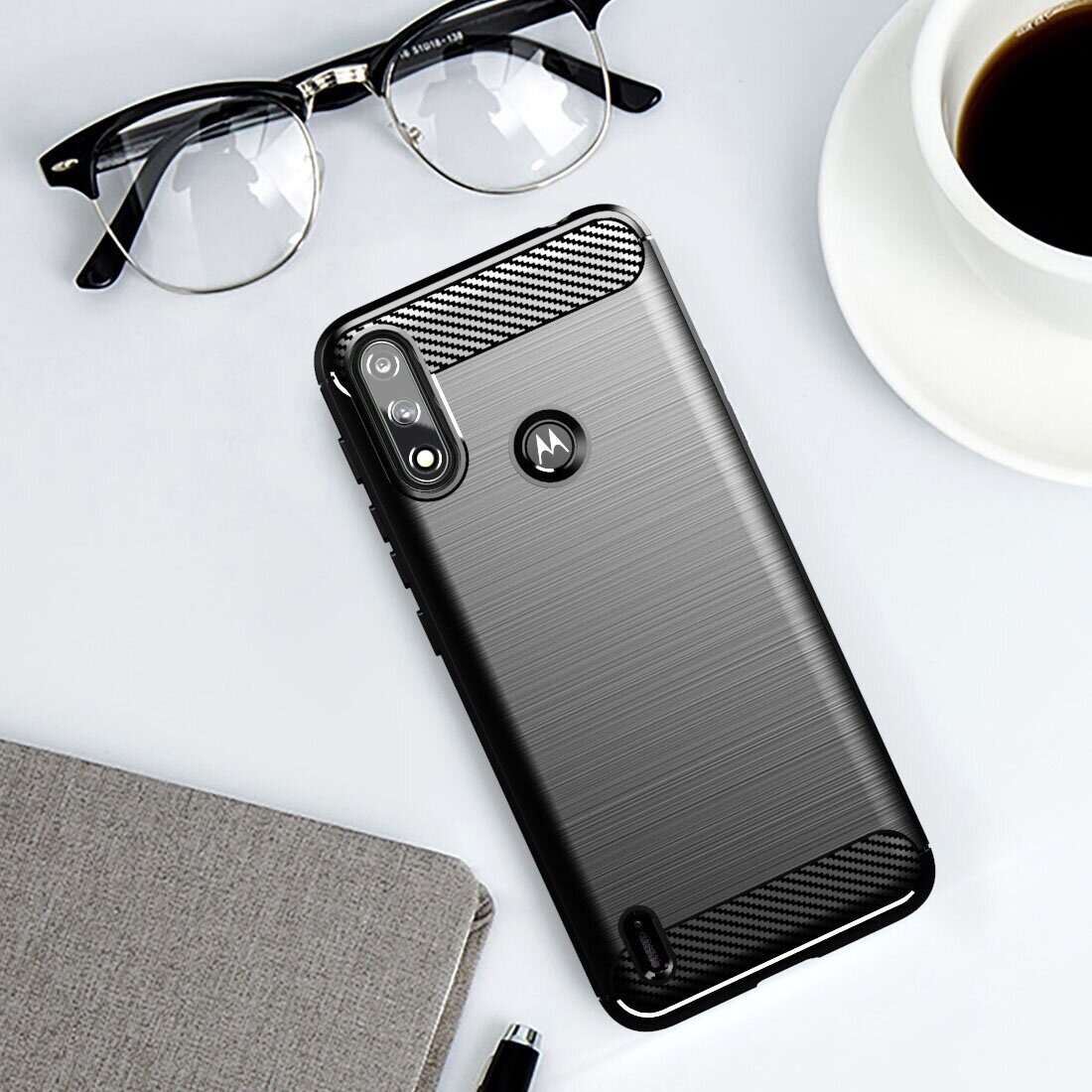 Carbon Case Flexible Cover Sleeve Motorola Moto E7i Power black - imagine 5