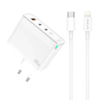 JELLICO wall charger C118 GaN PD 100W 2xUSB-C + 1xUSB QC3.0 + cable USB-C - Lightning White