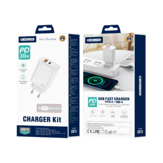 JELLICO wall charger EU13 GaN PD 30W 1xUSB-C + 1xUSB QC3.0 + cable USB-C - USB-C White