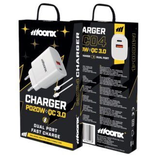 MOONX wall charger MC04 PD 20W 1xUSB-C + 1xUSB QC3.0 + cable USB-C - USB-C White