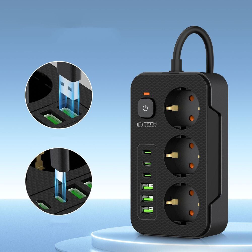 Tech-Protect PC3X6 Power Strip 3 Sockets 240V + 3xUSB-A + 3xUSB-C 200cm - Black - imagine 3