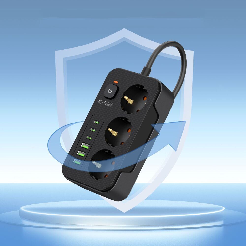 Tech-Protect PC3X6 Power Strip 3 Sockets 240V + 3xUSB-A + 3xUSB-C 200cm - Black - imagine 4