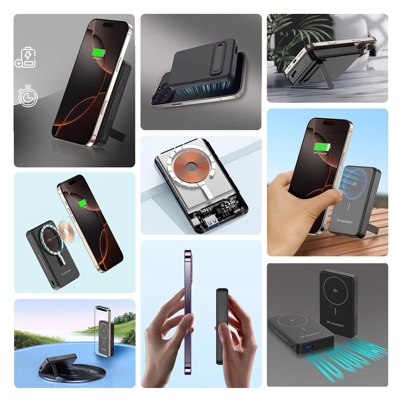 Powerbank Wozinsky WLWP-10KA0Y3S 22.5W PD Qi2 10000 mAh, with stand, 1x USB-A, 1x USB-C - black - imagine 8