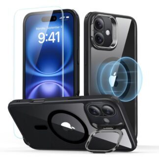 ESR Classic Hybrid Kickstand Halolock MagSafe iPhone 16 Plus + Tempered Glass Screen Protector - Black