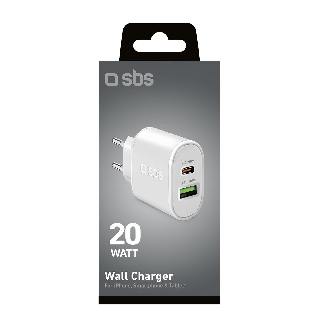 SBS TETRPD20W 20W USB-A USB-C Wall Charger with Power Delivery - White - imagine 3