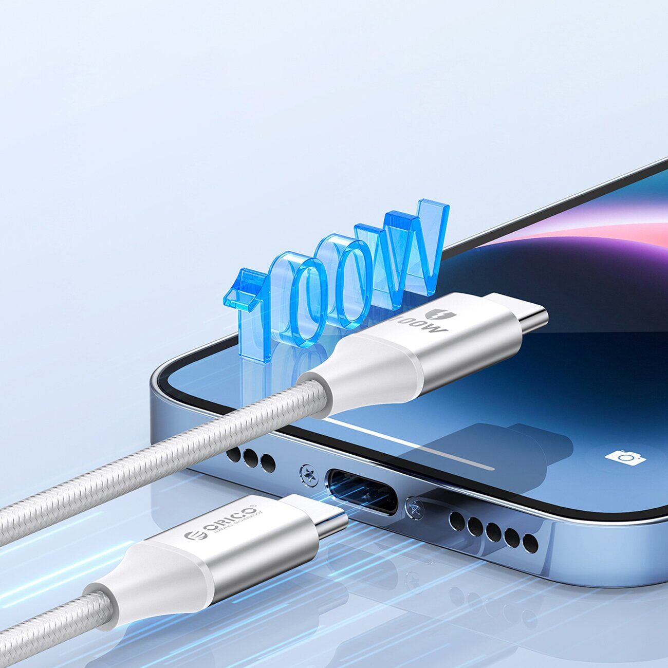 Orico CDX 100W 5A Power Delivery USB-C - USB-C 1m Cable - White - imagine 3