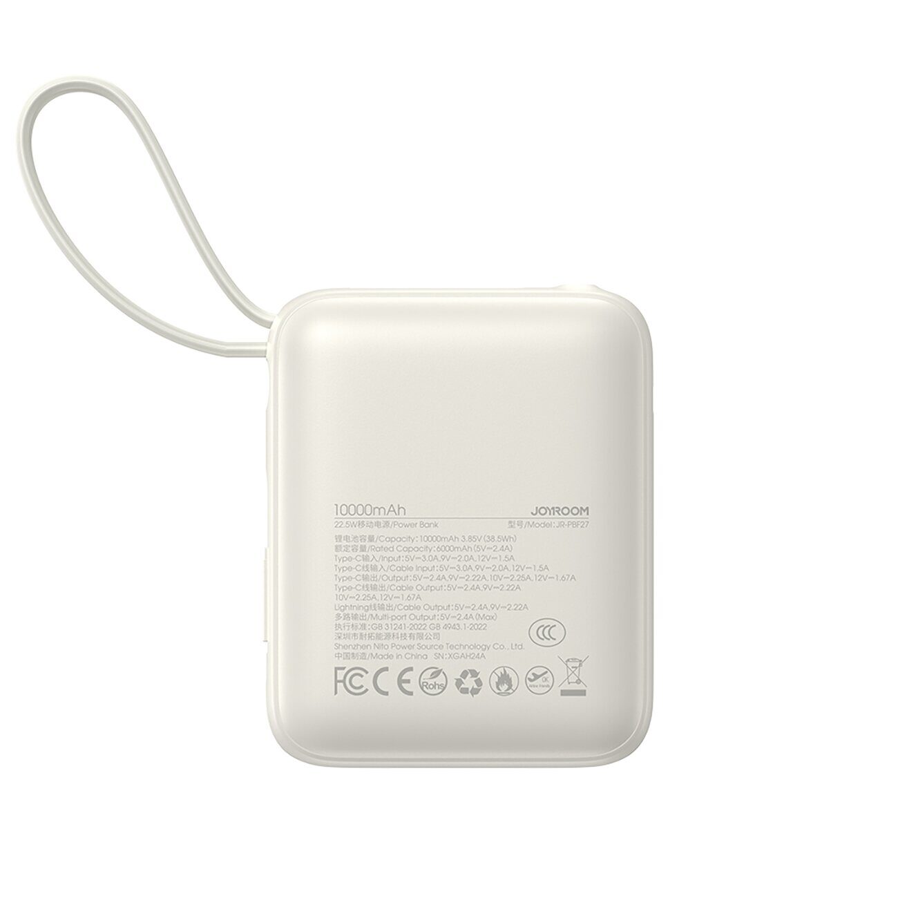 Joyroom JR-PBF27 10000mAh 22.5W Powerbank with Built-in USB-C and Lightning Cables - White - imagine 3