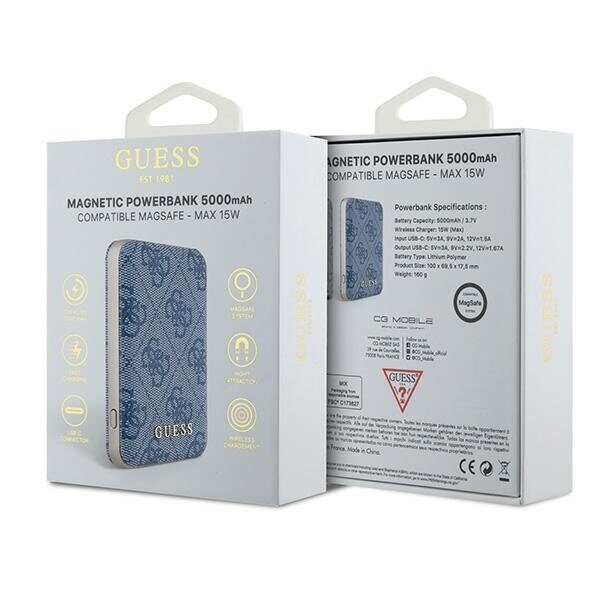 Guess Powerbank inductive 15W GUPB5FP4EMGB 5000mAh blue/blue 4G Leather Metal Logo MagSafe - imagine 4