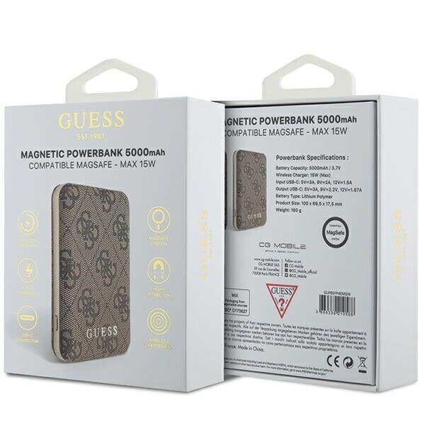 Guess Powerbank inductive 15W GUPB5FP4EMGW 5000mAh brown/brown 4G Leather Metal Logo MagSafe - imagine 4