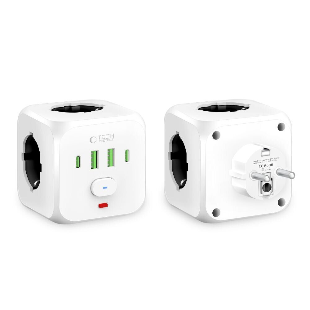 Tech-Protect PCL3x4 Power Strip, 2x USB-A, 2x USB-C, 3x AC Type Schuko - White - imagine 2