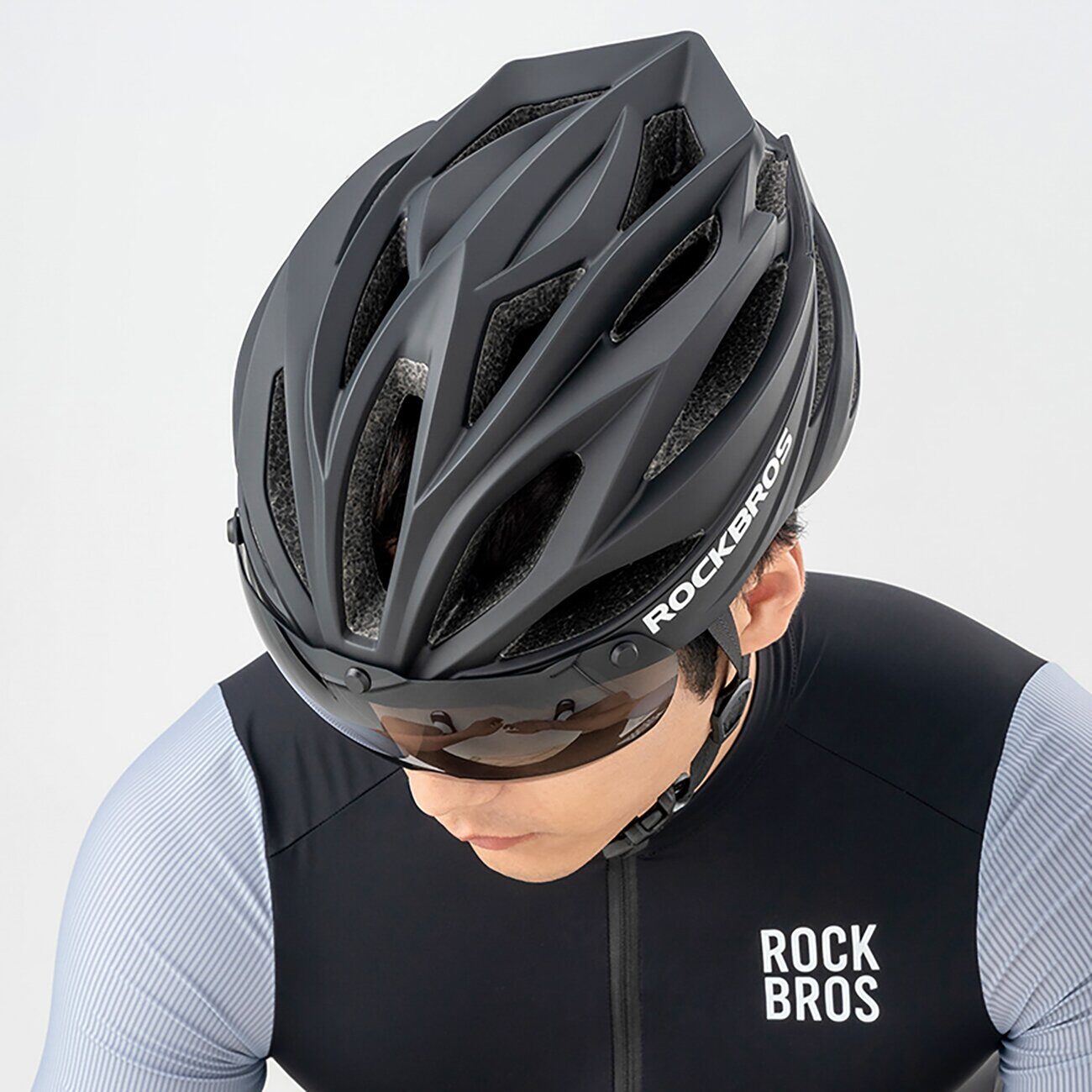 Rockbros Bike Helmet with Visor, Detachable UV Protective Goggles, Unisex - Black/Brown - imagine 5