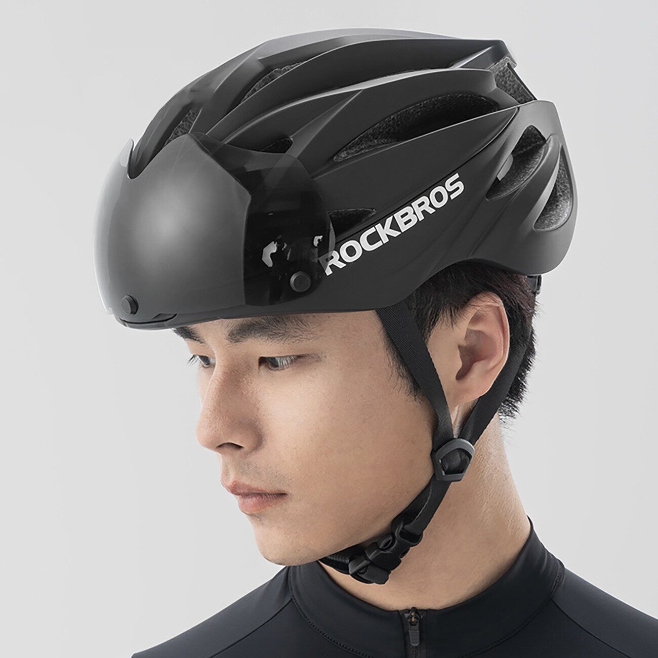 Rockbros Bike Helmet with Visor, Detachable UV Protective Goggles, Unisex - Black/Brown - imagine 6