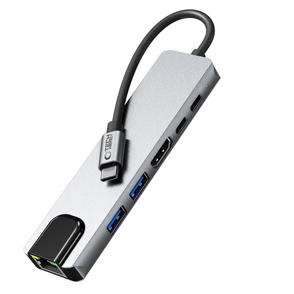 Tech-Protect HB02 HUB Adapter 6in1 USB-C + USB2.0 + USB3.0 + HDMI 4K 30Hz + RJ45 + PD100W - gray - imagine 5