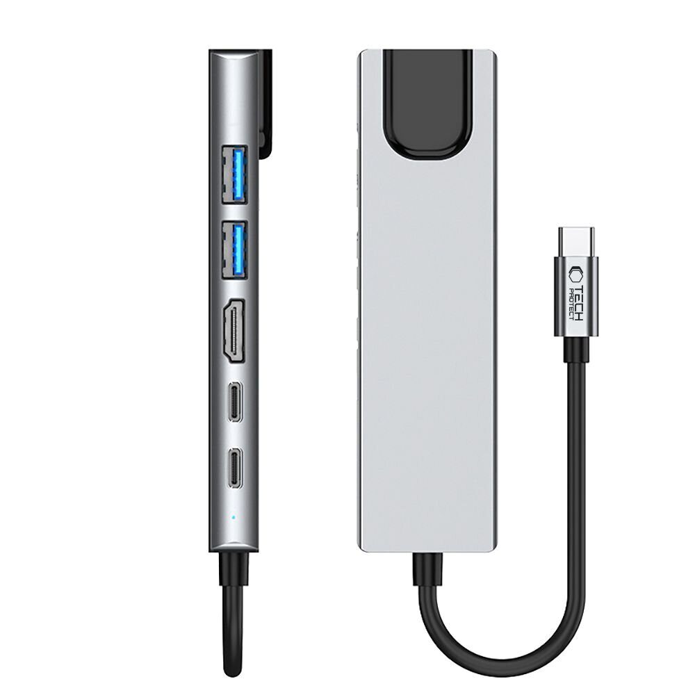 Tech-Protect HB02 HUB Adapter 6in1 USB-C + USB2.0 + USB3.0 + HDMI 4K 30Hz + RJ45 + PD100W - gray - imagine 6