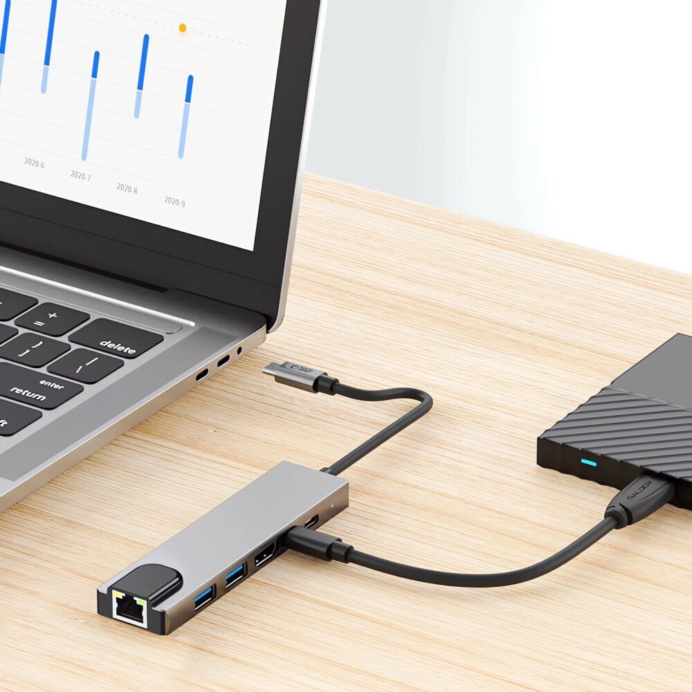 Tech-Protect HB02 HUB Adapter 6in1 USB-C + USB2.0 + USB3.0 + HDMI 4K 30Hz + RJ45 + PD100W - gray - imagine 8