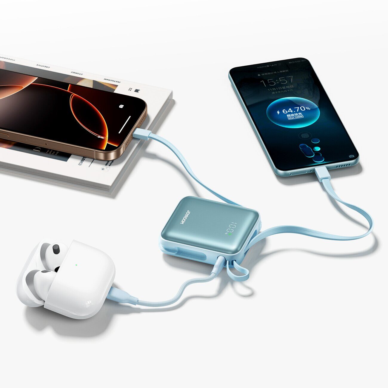 Joyroom JR-PBF27 22.5W 10000mAh Powerbank with Two Built-in Cables - Blue - imagine 6