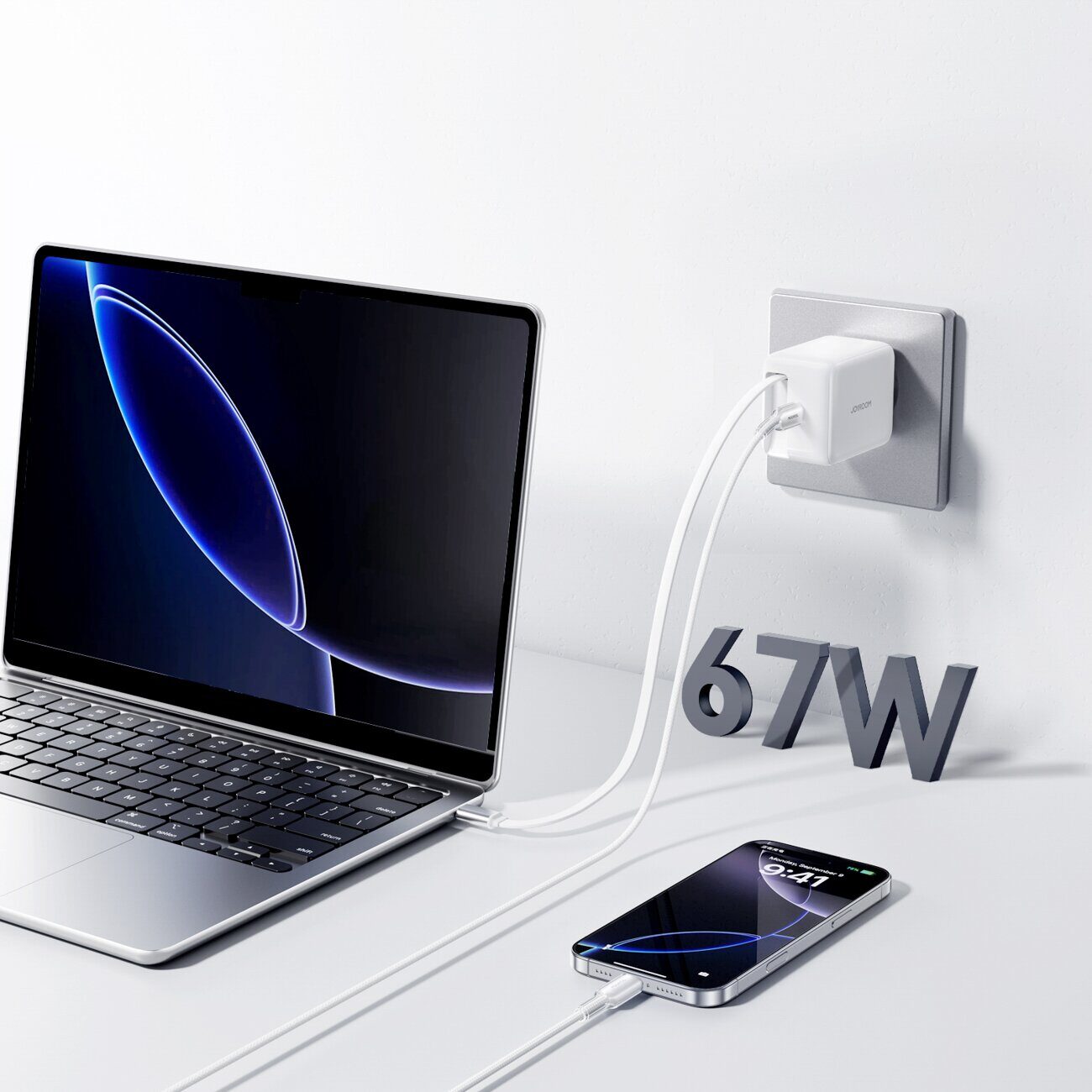 Joyroom JR-TCL06 67W GaN Wall Charger with Built-in Retractable USB-C Cable - White - imagine 6
