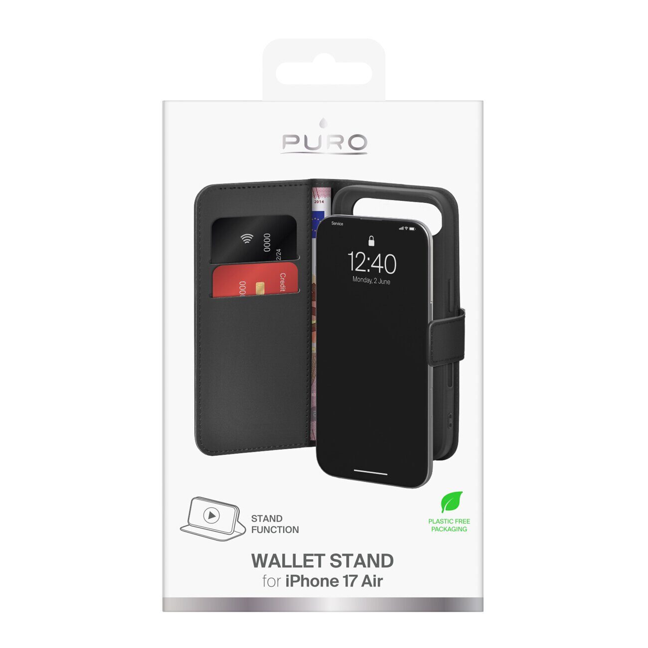 Puro Wallet Stand Case for iPhone 17 Air made of eco-leather, with a flap, wallet and stand function - black - imagine 2