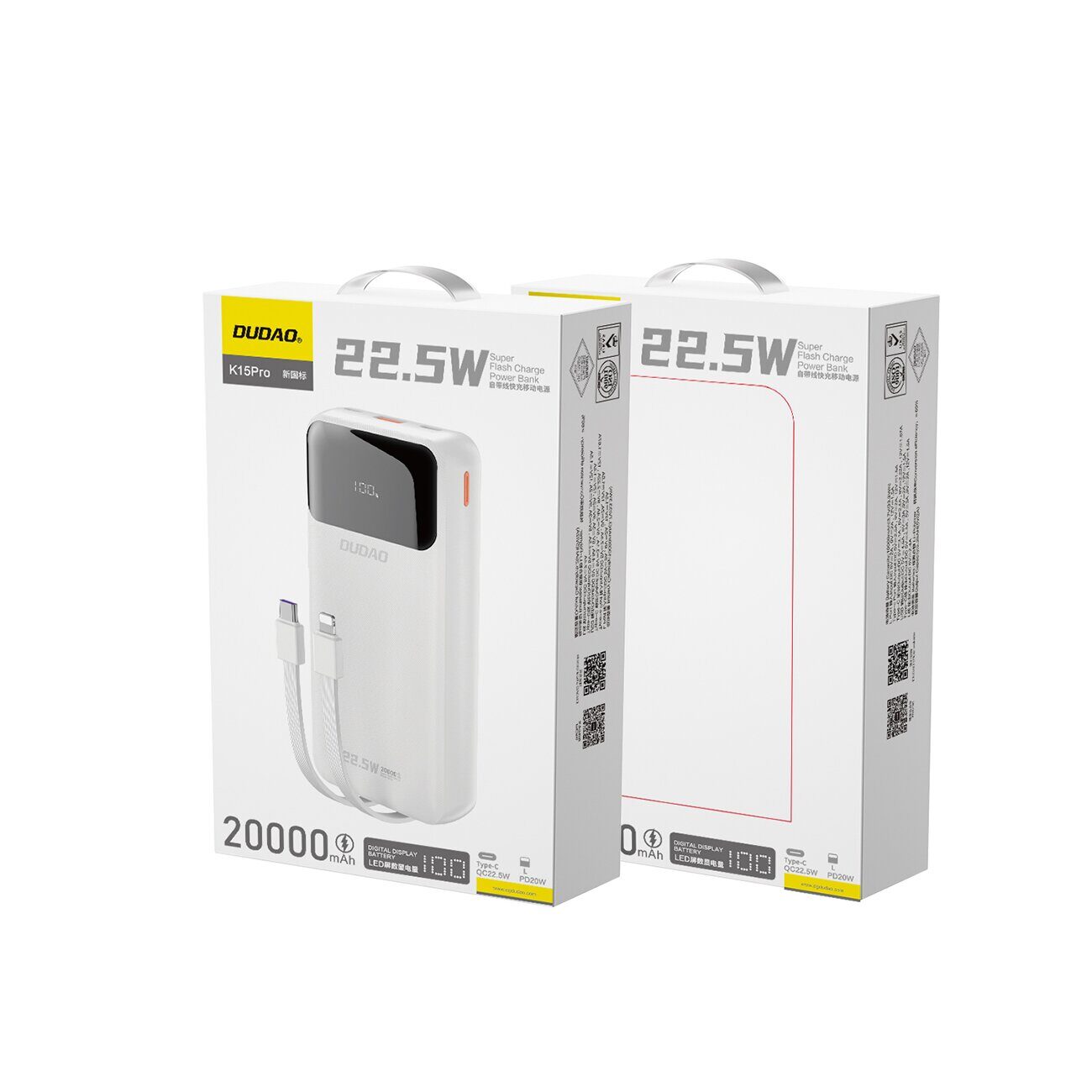 Dudao K15Pro Power Bank 20000mAh 22.5W PD USB-C / USB-A / Built-in Lightning and USB-C Cables - White - imagine 4
