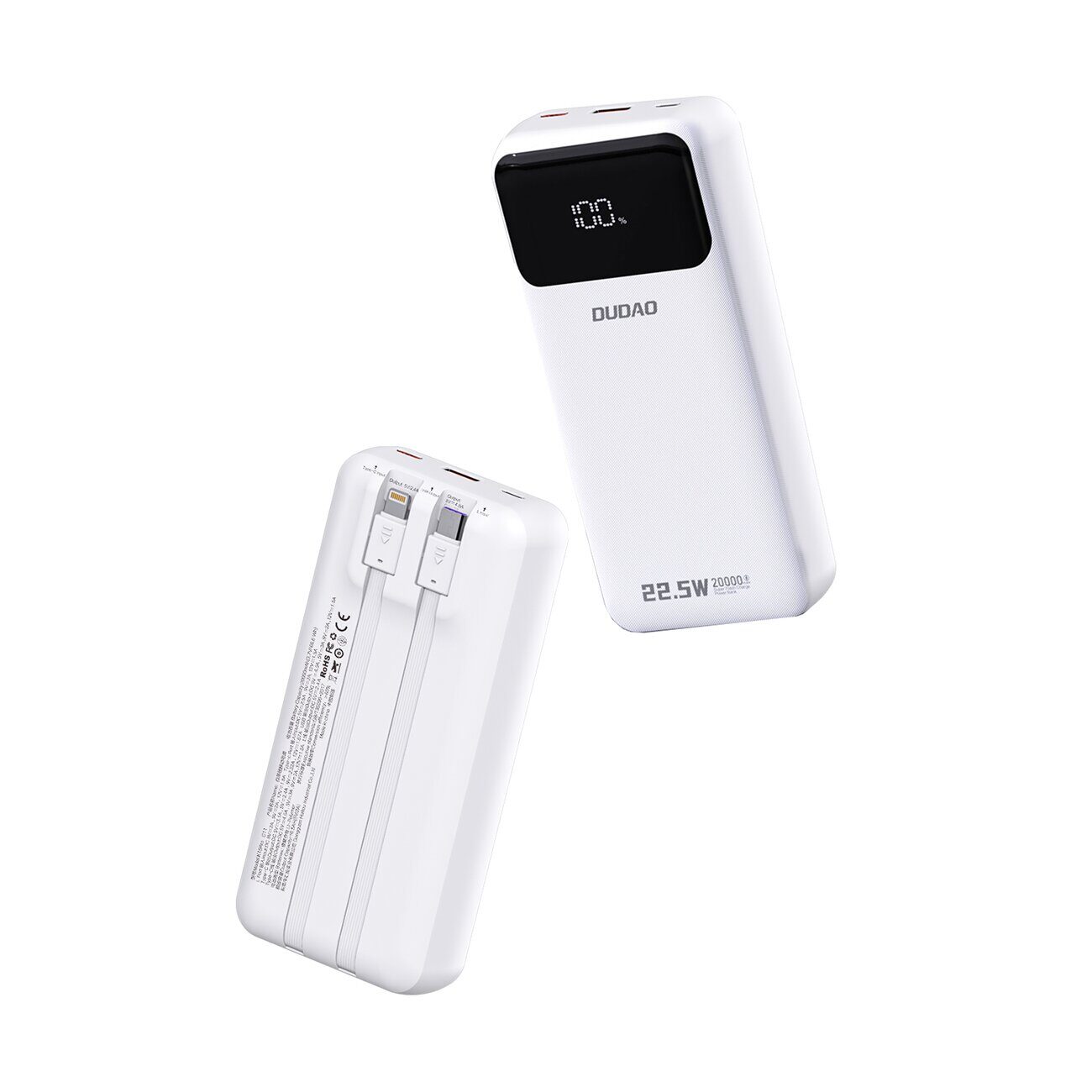 Dudao K15Pro Power Bank 20000mAh 22.5W PD USB-C / USB-A / Built-in Lightning and USB-C Cables - White - imagine 2