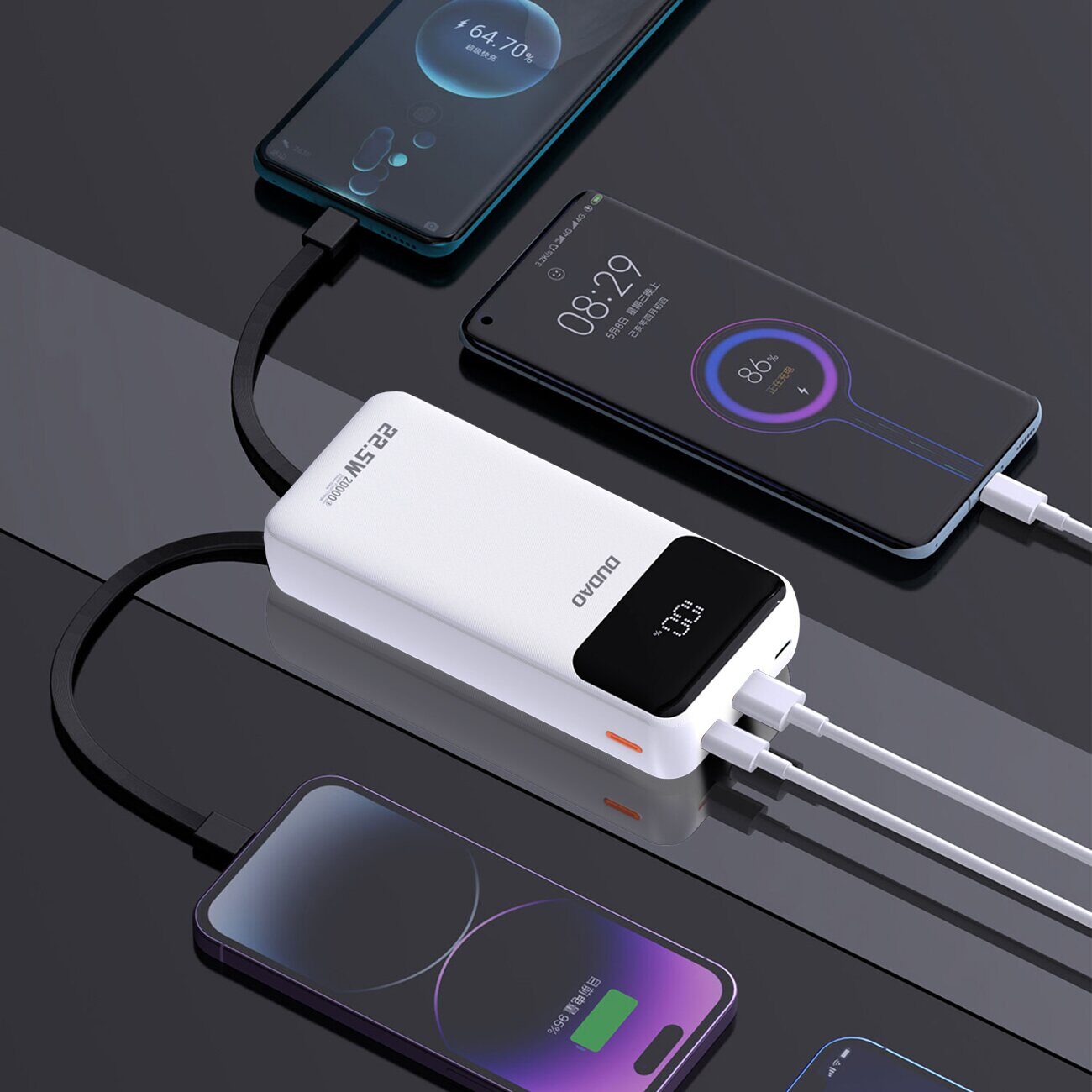 Dudao K15Pro Power Bank 20000mAh 22.5W PD USB-C / USB-A / Built-in Lightning and USB-C Cables - White - imagine 3