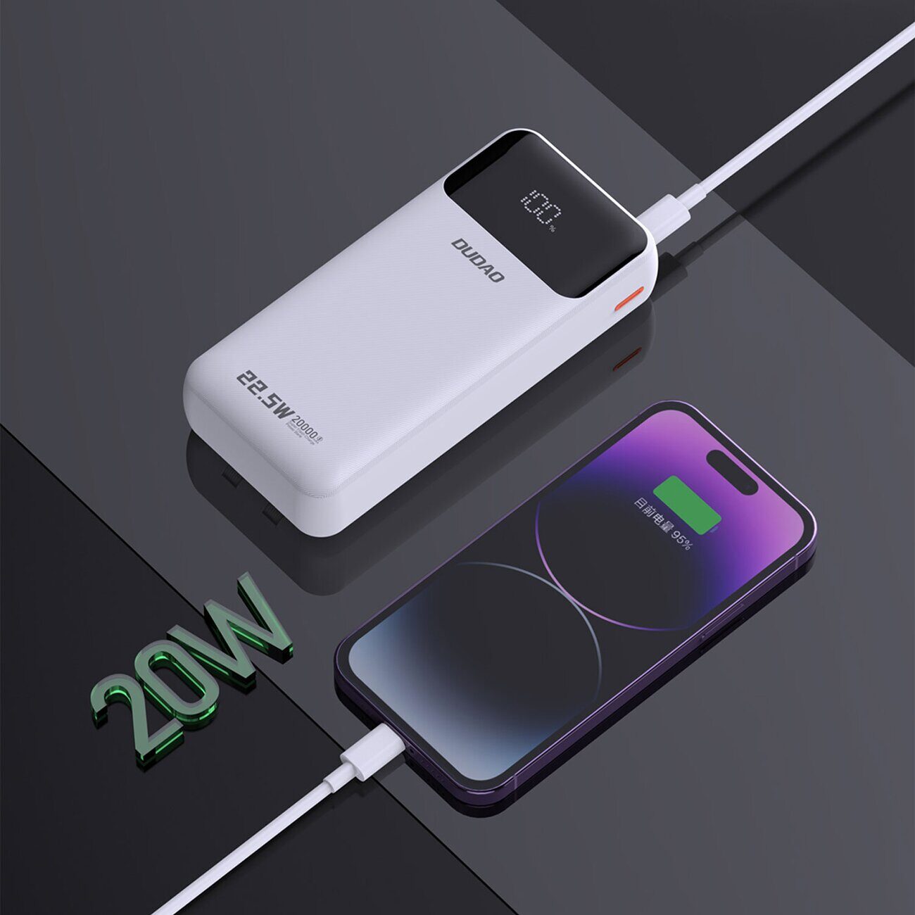Dudao K15Pro Power Bank 20000mAh 22.5W PD USB-C / USB-A / Built-in Lightning and USB-C Cables - White - imagine 5