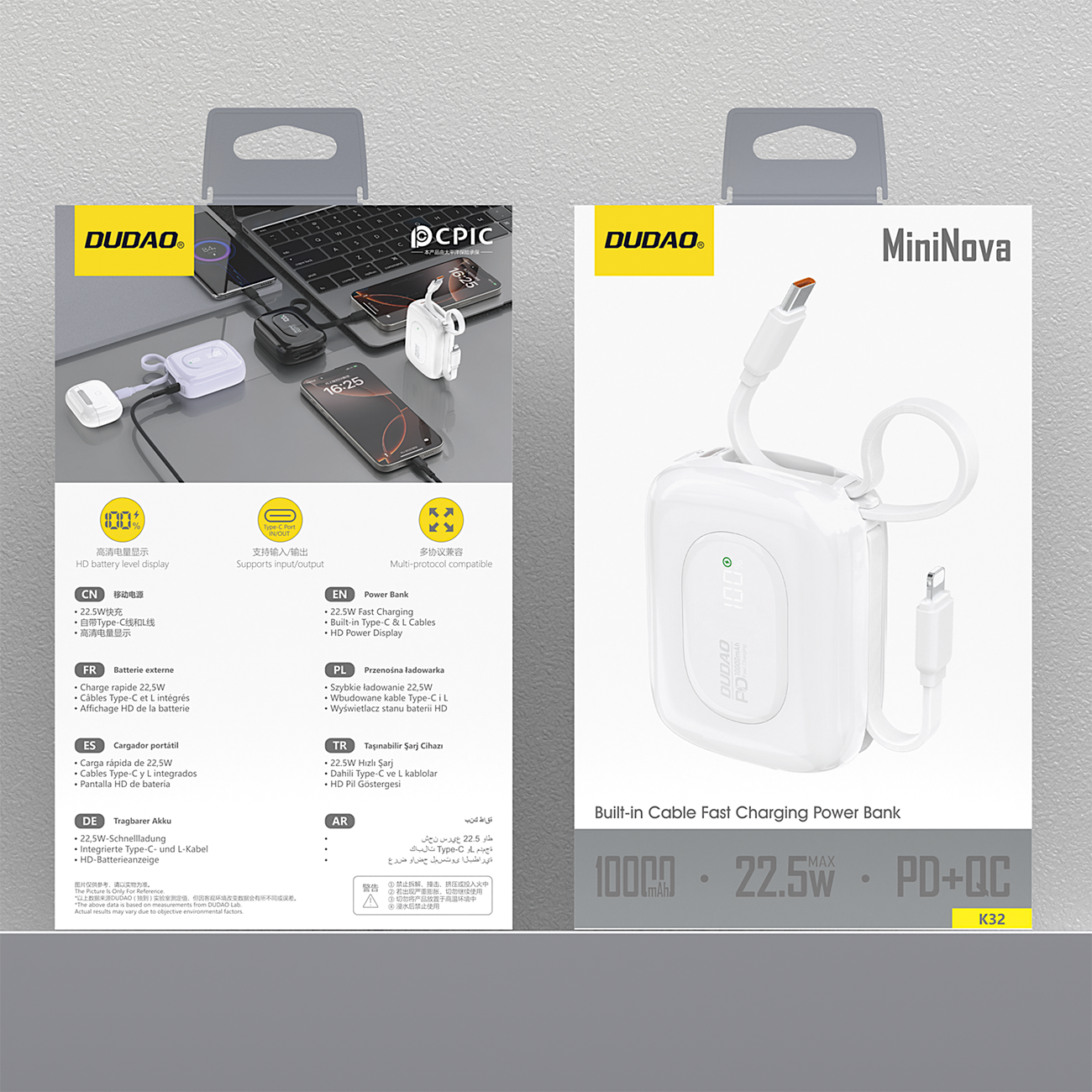 Dudao K32 22.5W 10000 mAh Powerbank with Built-in USB-C/ Lightning Cable - White - imagine 5