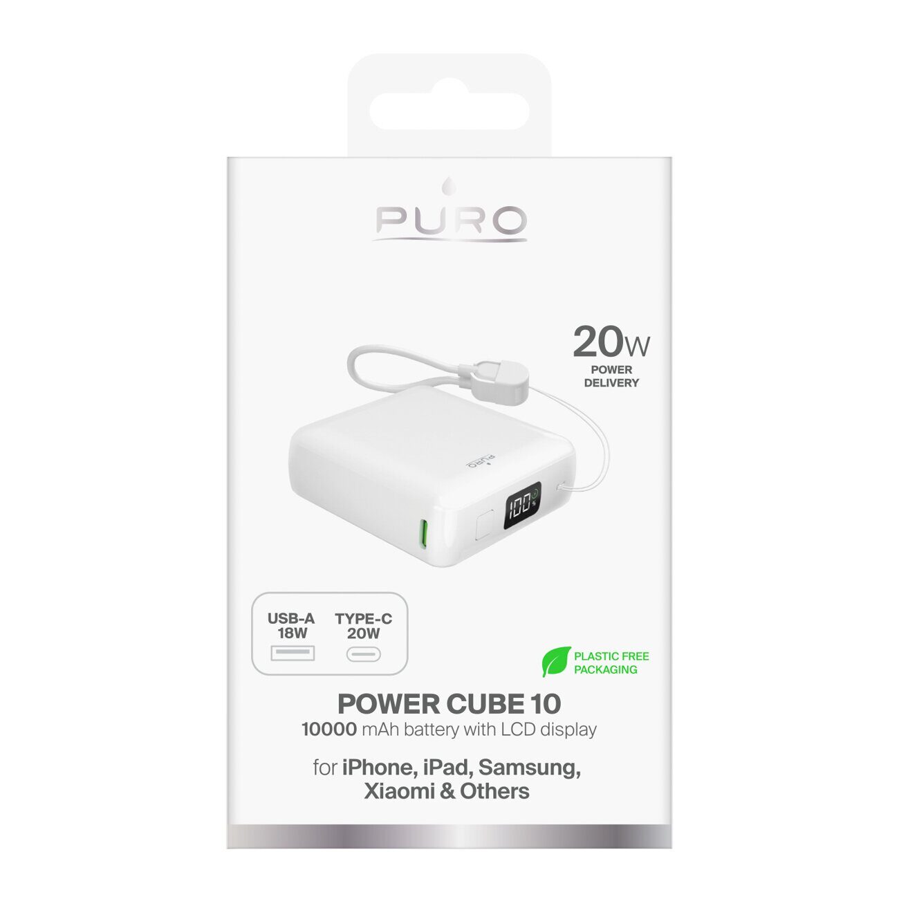 Puro 10000mAh 20W USB-C USB-A Power Bank with Display and Built-in USB-C Cable - White - imagine 2