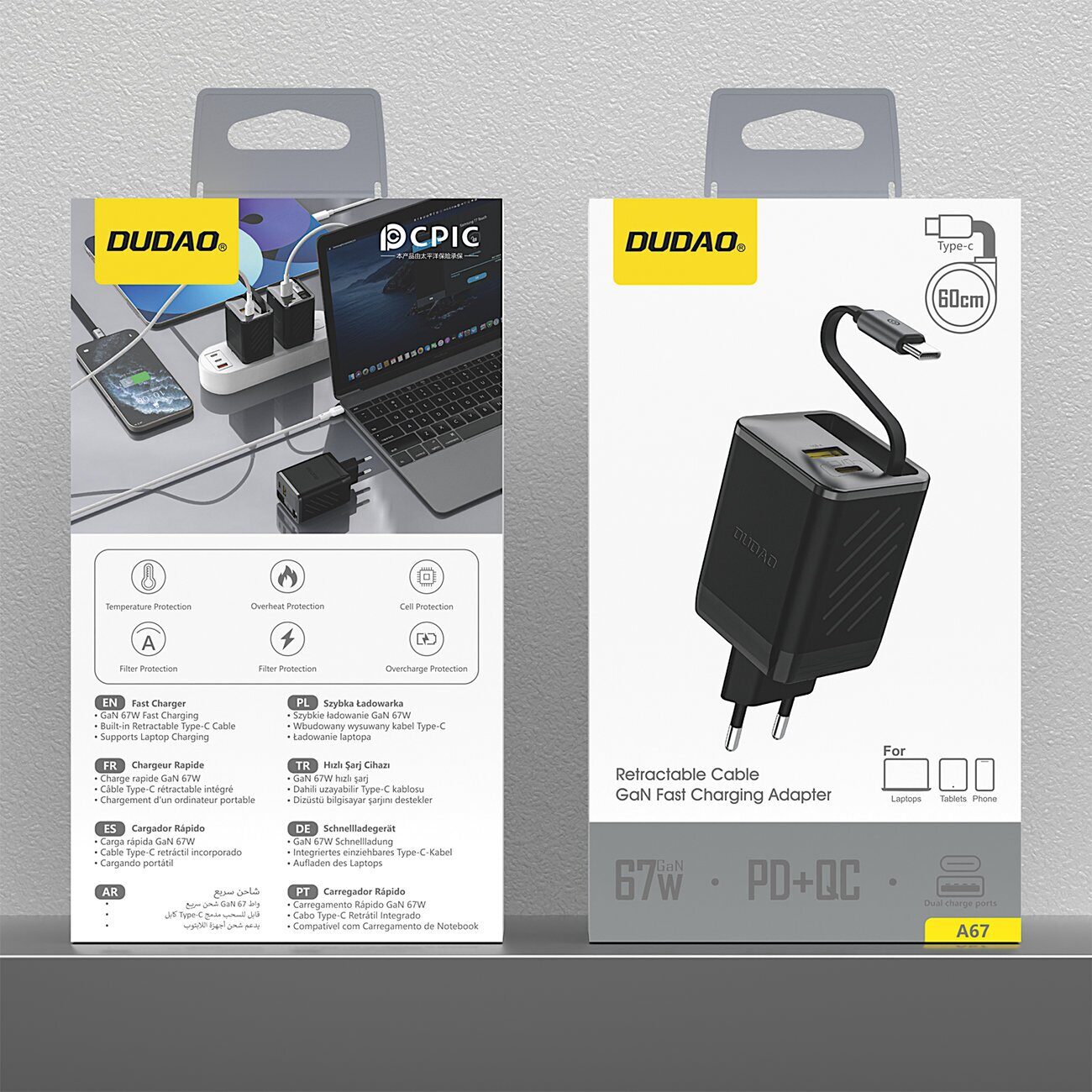 Dudao A67EU GaN 67W Wall Charger with Built-in Retractable USB-C Power Delivery Quick Charge Cable - Black - imagine 9