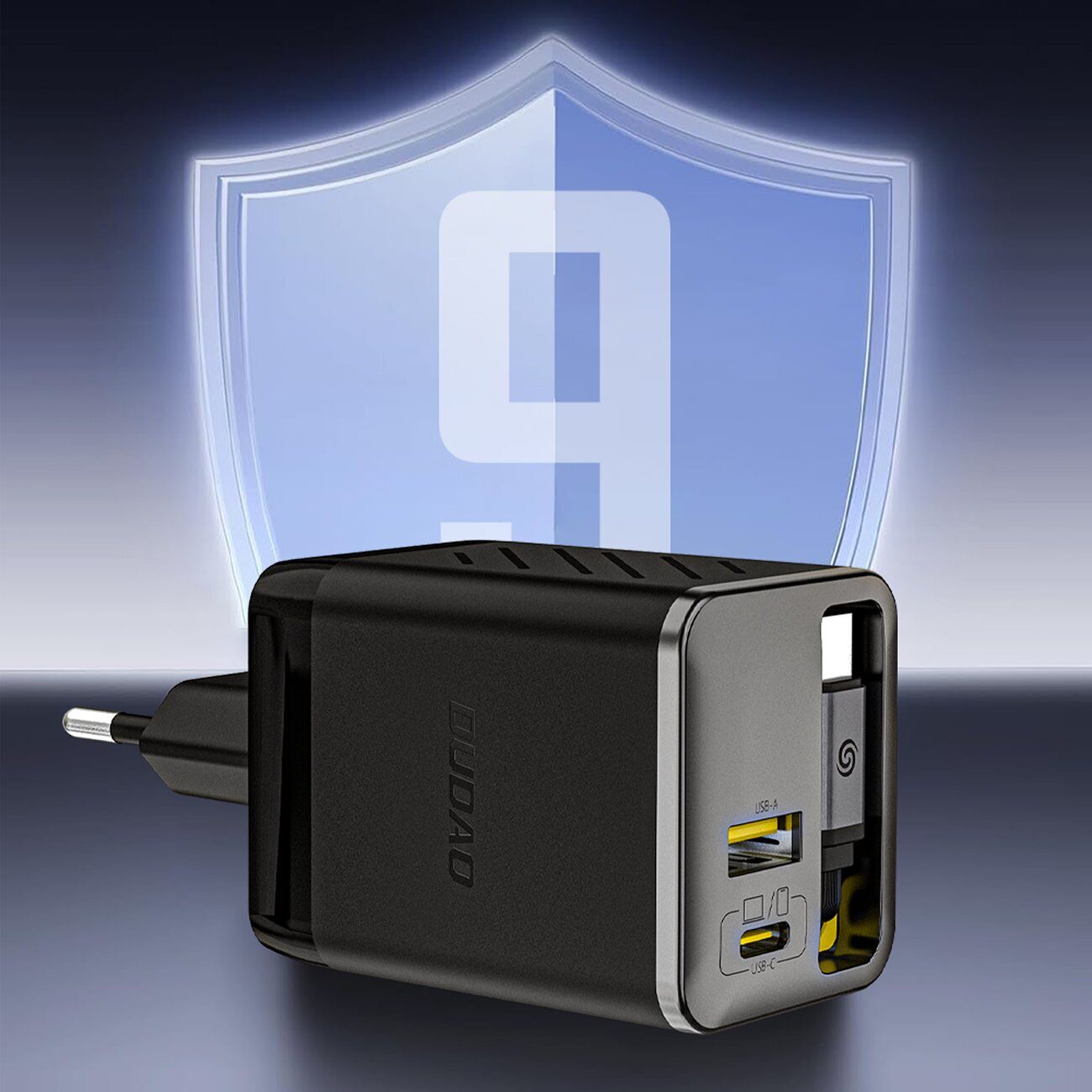 Dudao A67EU GaN 67W Wall Charger with Built-in Retractable USB-C Power Delivery Quick Charge Cable - Black - imagine 6