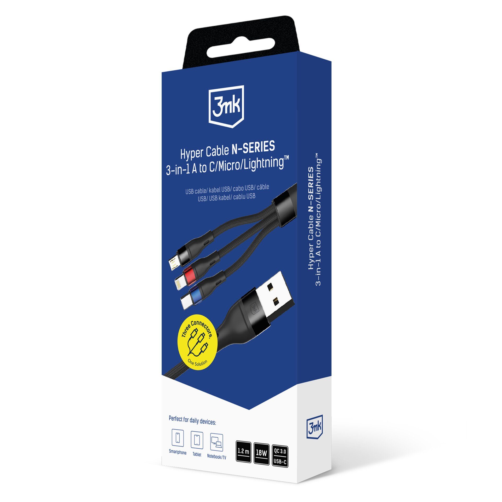 3mk Hyper Cable N-SERIES 3 in 1 USB-A / Lightning / Micro 1.2m 9V/2A 18W - black - imagine 8