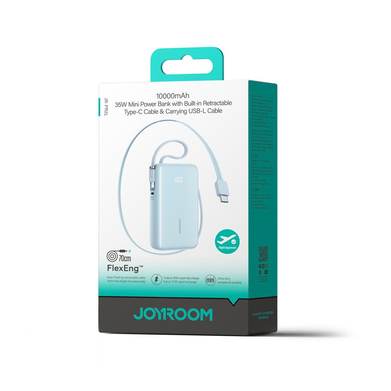 Joyroom JR-PR2L 10000mAh 35W Power Bank with Built-in Retractable USB-C Cable and Lightning Lanyard Cable - Blue - imagine 2