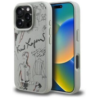 Karl Lagerfeld Grained Pattern & Logo MagSafe Case for iPhone 16 Pro Max - Gray