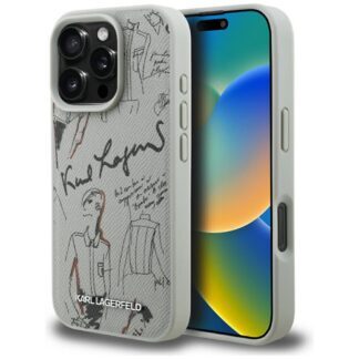 Karl Lagerfeld Grained Pattern & Logo MagSafe Case for iPhone 16 Pro - Gray
