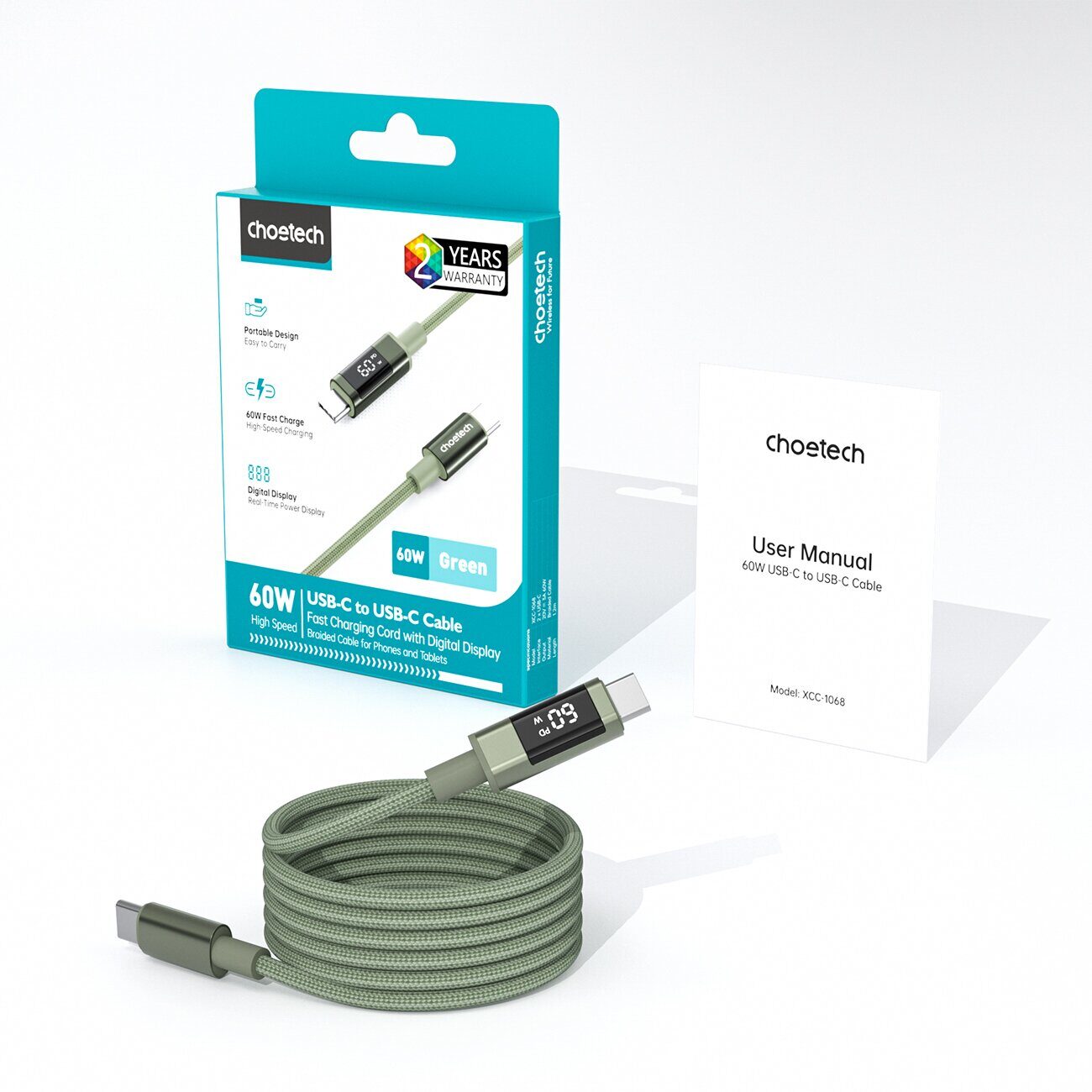 Choetech XCC-1068 PD 60W USB-C - USB-C Cable with Display 1.2 m - Green - imagine 3