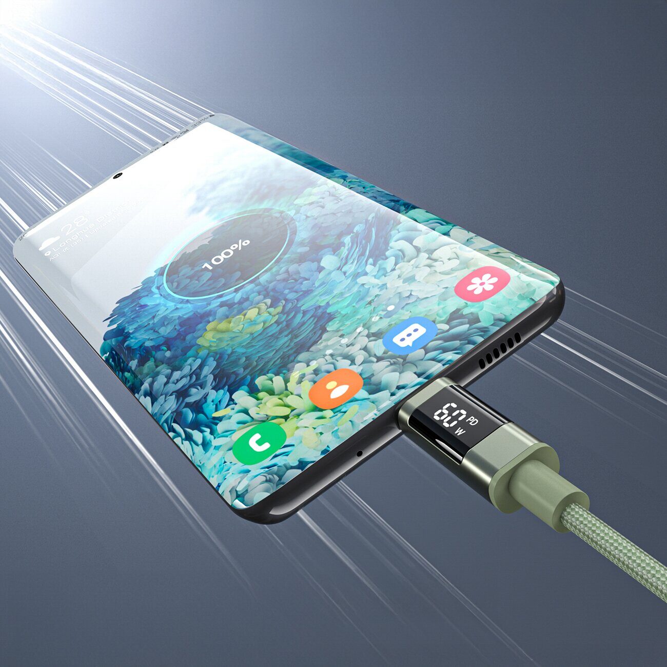 Choetech XCC-1068 PD 60W USB-C - USB-C Cable with Display 1.2 m - Green - imagine 4