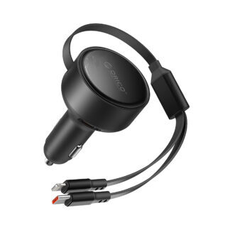 Orico Dual Stretch 60W USB-C Car Charger with Two Retractable USB-C + Lightning Cables - Black