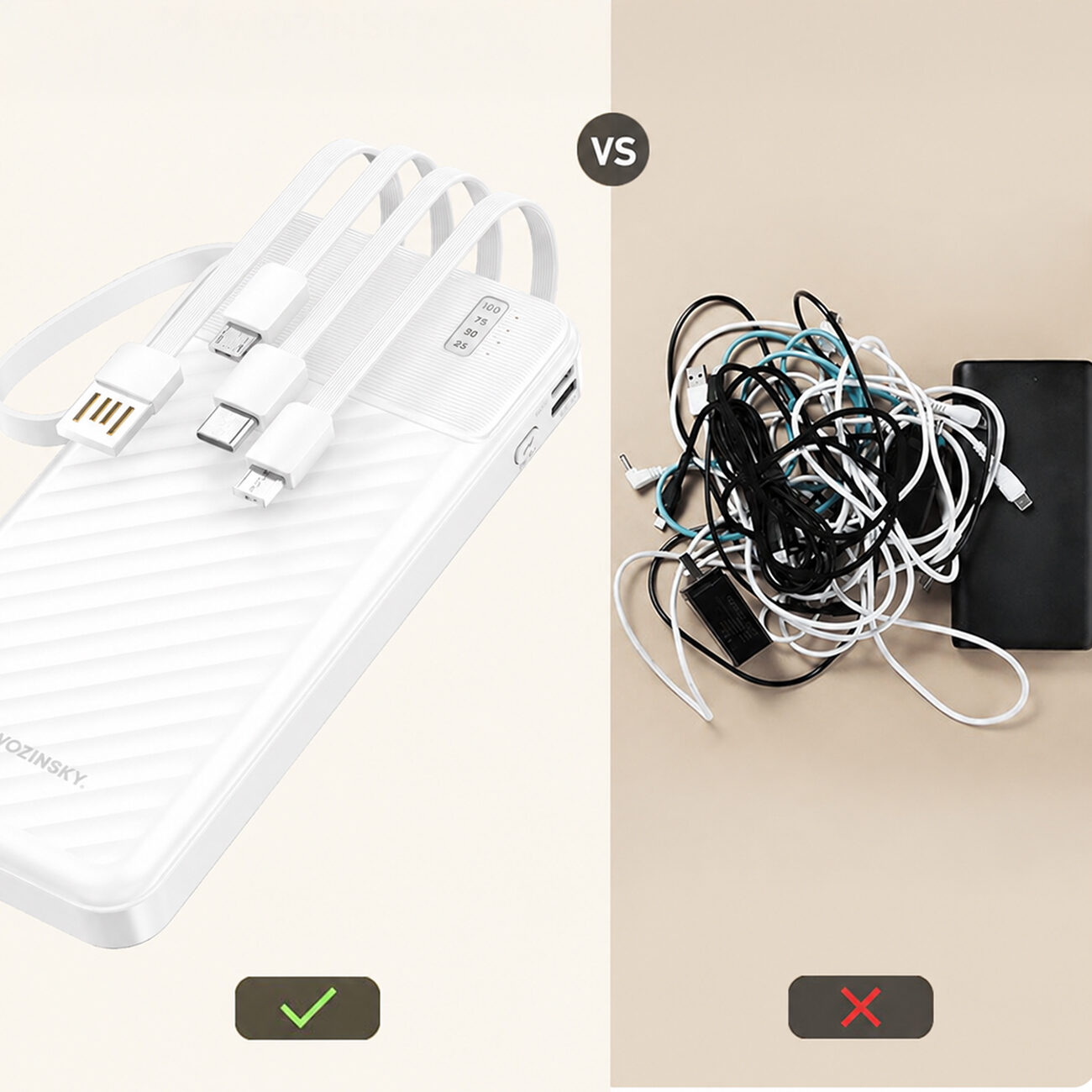 Wozinsky W11-W 10000mAh 10W Powerbank with Built-in Cables and Flashlight - White - imagine 5