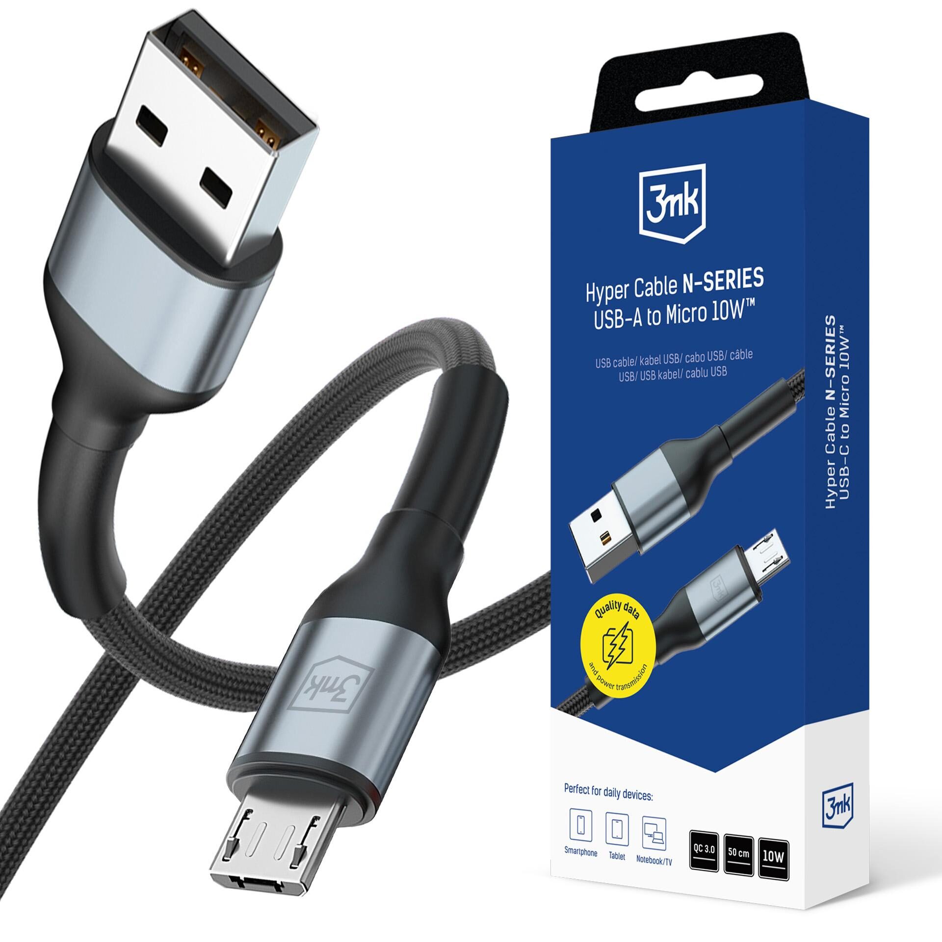 3mk Hyper Cable N-SERIES USB-A / MicroUSB 50cm QC 3.0 5V/2A 10W - black