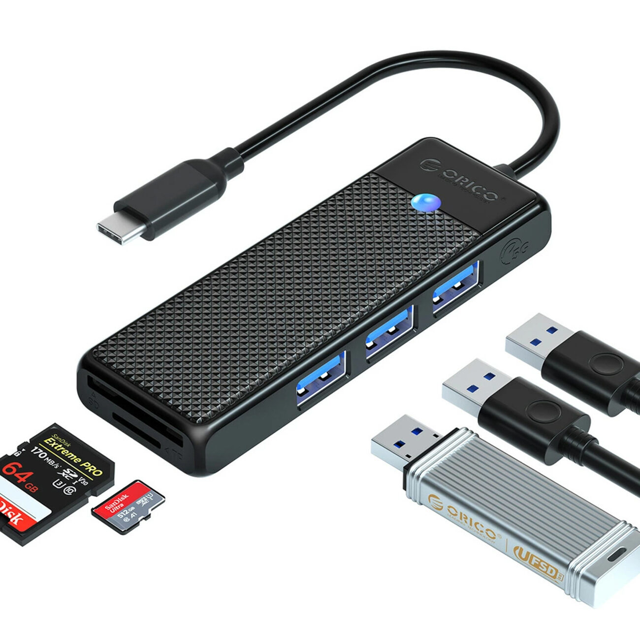 Orico PAPW3AT-U3 USB Hub 4-port 3x USB-A 3.0 with microSD/SD card reader 1.8 m - black - imagine 2