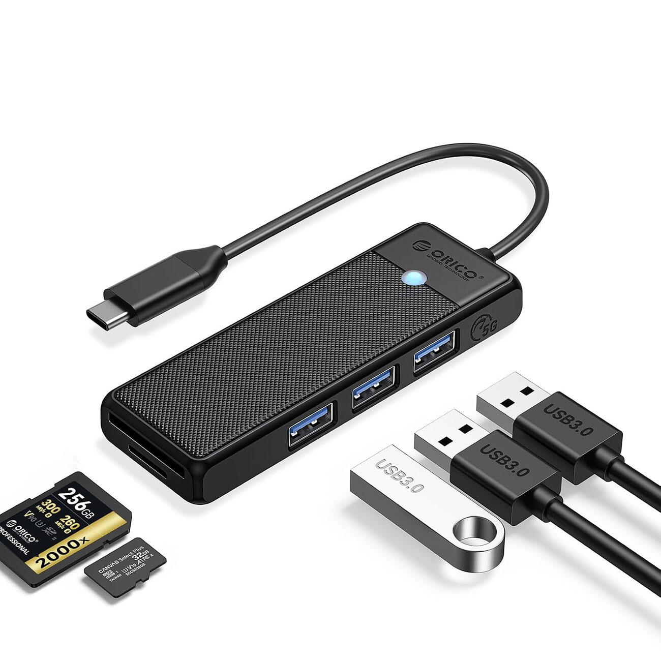 Orico PAPW3AT-U3 USB Hub 4-port 3x USB-A 3.0 with microSD/SD card reader 1.8 m - black - imagine 7