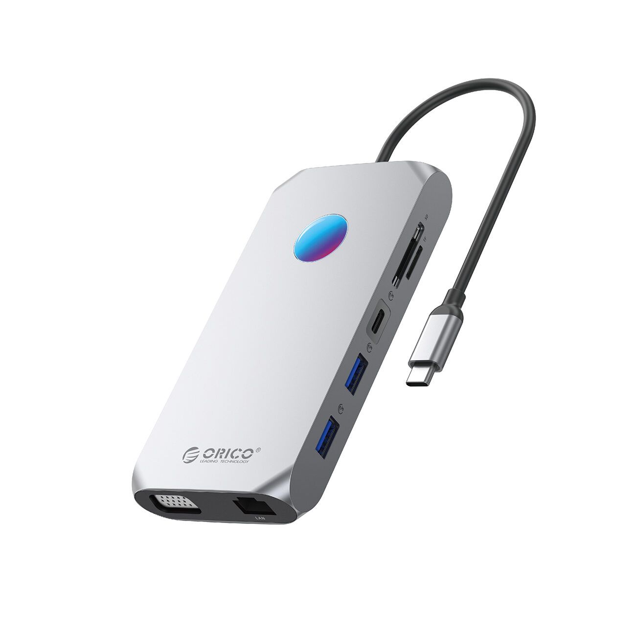 Orico XCR 12in1 RGB USB-C Docking Station 3x USB-A 3.1 1x USB-A 2.0 1x USB-C PD 100 W 1x USB-C 3.1 1x HDMI 1.4 4K 30Hz 1x VGA 1080p 1x microSD/SD 3.0 1x RJ Gigabit Ethernet 1x Audio CTIA 3.5 mm - Gray