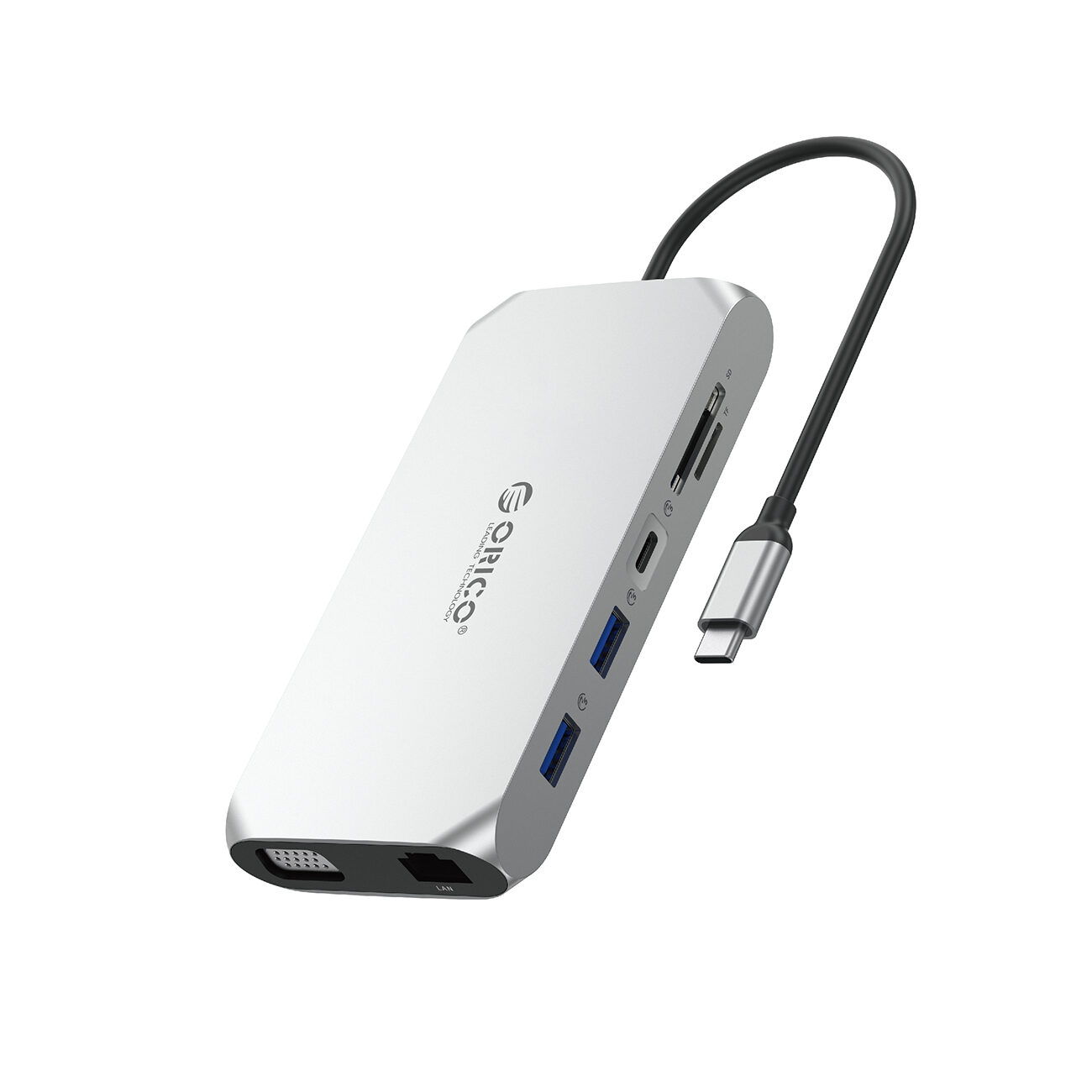 Orico XCR 12in1 USB-C Docking Station 2x USB-A 3.1 1x USB-A 2.0 1x USB-C PD 100W 1x USB-C 3.1 2x HDMI 2.0 4K 60 Hz 1x VGA 1080p 1x SD 3.0 1x microSD 3.0 1x RJ45 Gigabit Ethernet 1x audio CTIA 3.5 mm - Gray