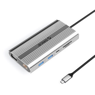Orico XDR 12in1 USB-C Docking Station USB-A USB-C HDMI 4K VGA RJ45 Gigabit PD 100W SD and microSD Card Reader - Silver
