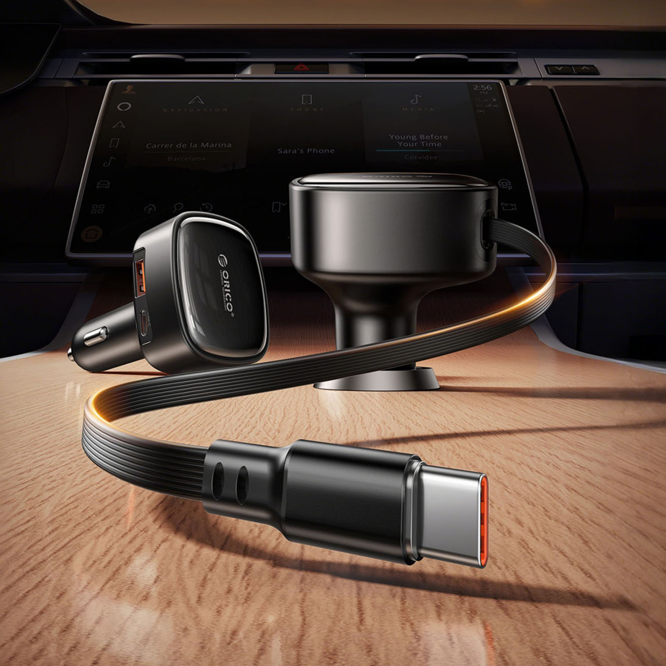 Orico FC-66-1A2C 66W Car Charger with Built-in Retractable USB-C Cable - Black - imagine 3