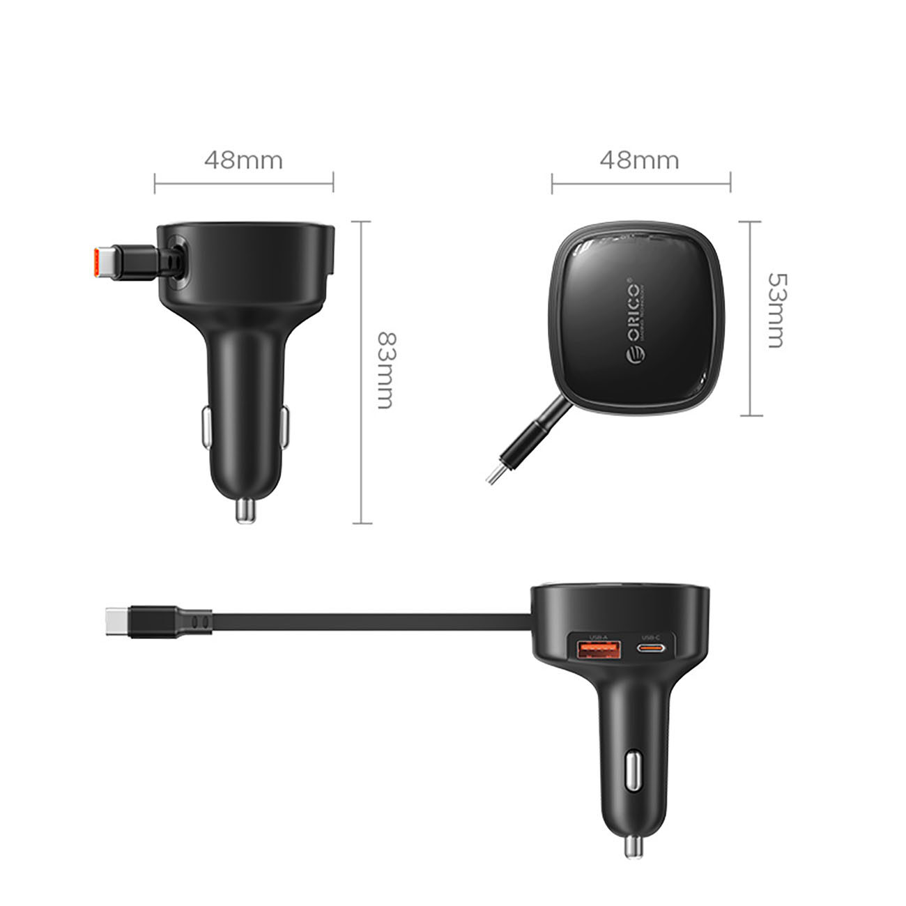 Orico FC-66-1A2C 66W Car Charger with Built-in Retractable USB-C Cable - Black - imagine 2