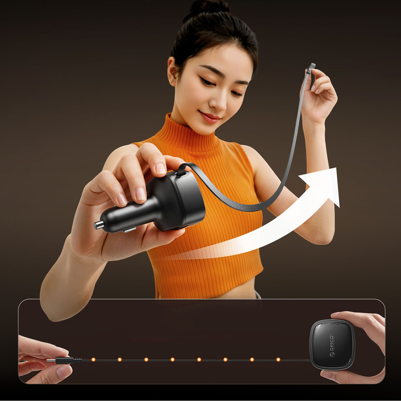 Orico FC-66-1A2C 66W Car Charger with Built-in Retractable USB-C Cable - Black - imagine 4