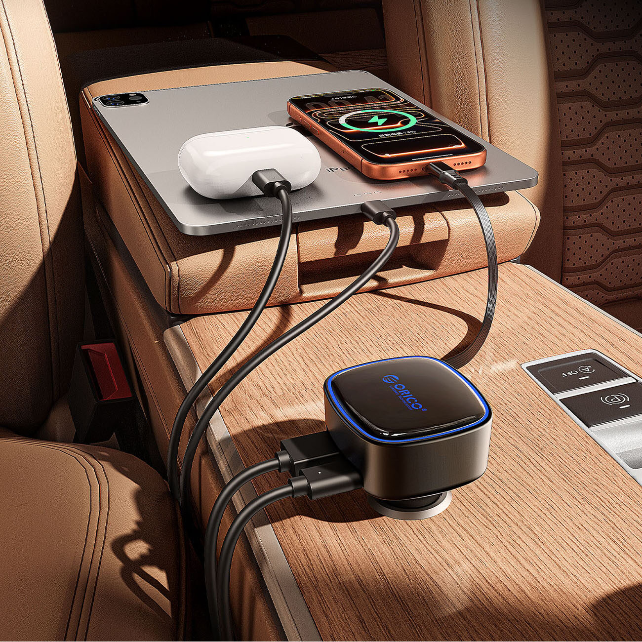 Orico FC-66-1A2C 66W Car Charger with Built-in Retractable USB-C Cable - Black - imagine 6