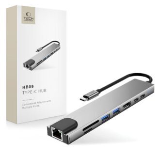 Tech-Protect HB09 USB hub 8in1 Type-C + USB-A 3.0 + USB-C 3.0 + HDMI 4K 60HZ + SD/TF + PD100W + RJ45 1000 MB/S - gray